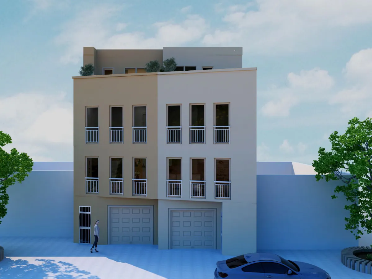 Fachada de las viviendas 7 y 7B en C/ Can Julià Ferrer, Sabadell, con dos garajes en planta baja